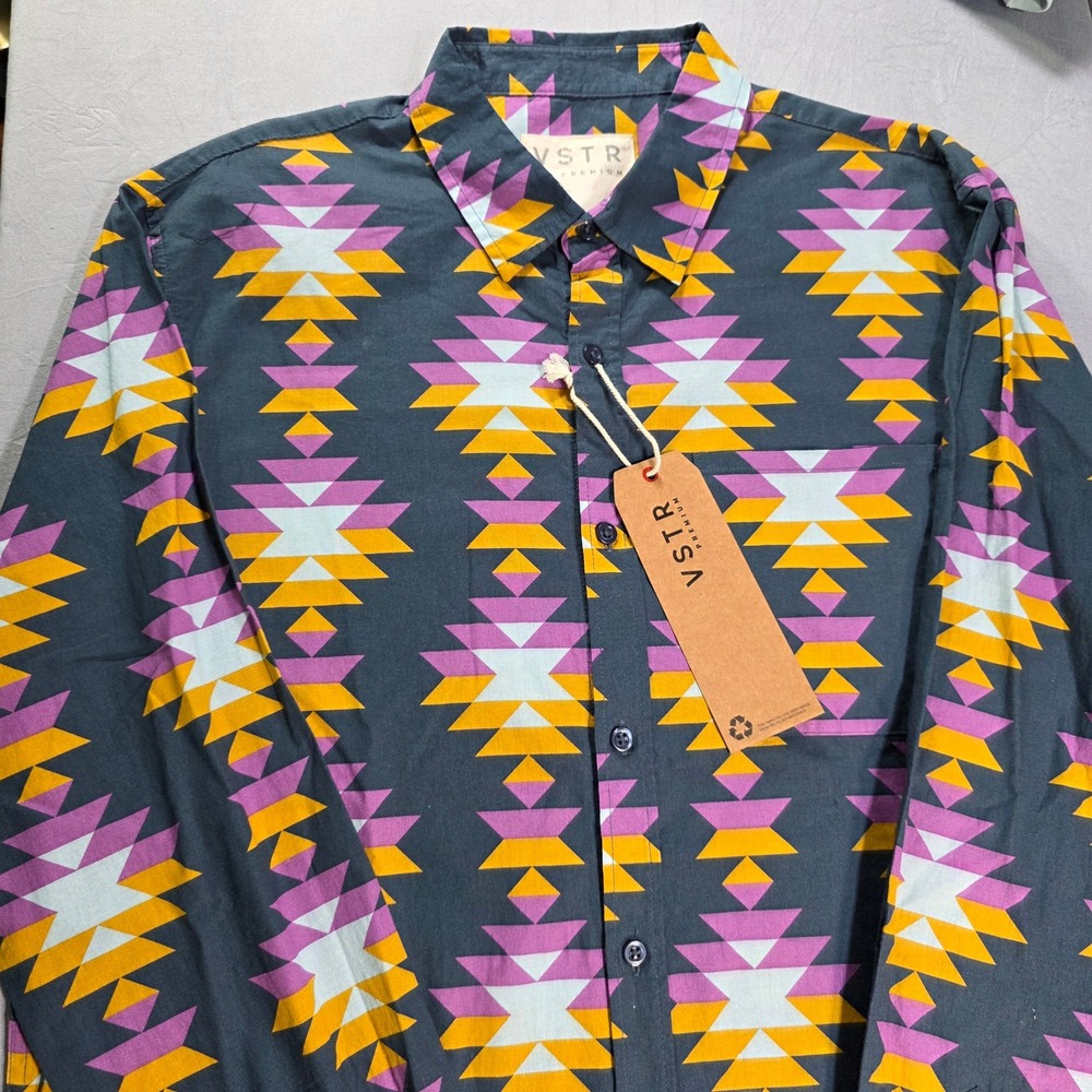 VSTR Premium Mens Large Geometric Tribal‎ Print Cotton Button Down Shirt NWT